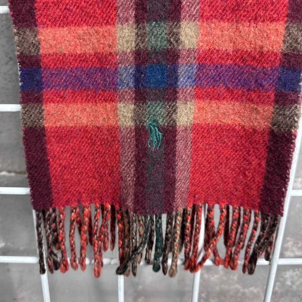 Polo Ralph Lauren Mens Red Plaid Wool Scarf Made in Italy Fringe Pony Logo 2388